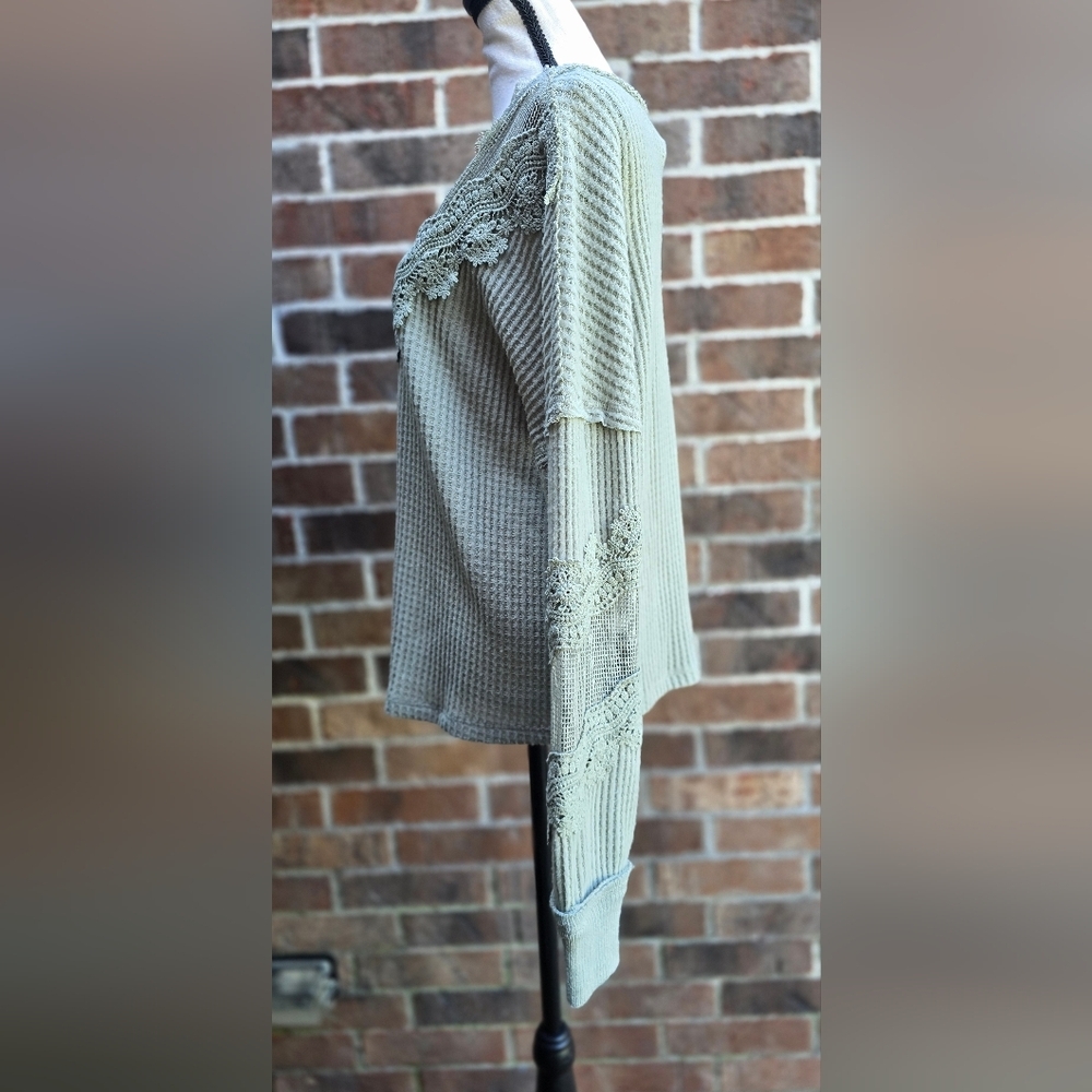 Daytrip Slouchy Sage Green Lace Trim Sweater - Picture 7 of 10
